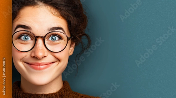 Fototapeta Portrait of a young woman with glasses, smiling, on a blue background with copy space