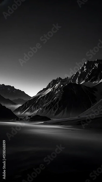 Fototapeta Dramatic Black and White Landscape of Majestic Mountains Reflected in a Still Valley Lake, 4k
