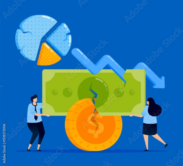 Fototapeta Illustration of a down arrow with people forcibly withdrawing money and damaged cash, symbolizing a broken financial system and economic recession, designed for finance alerts and blogs