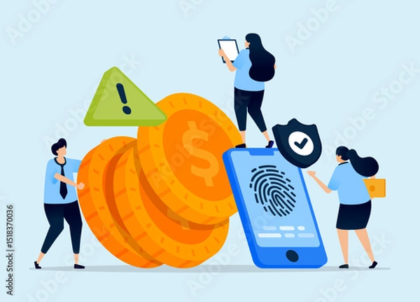 Fototapeta Illustration of mobile apps with fingerprints and warning triangles, symbolizing security systems in fintech and digital banking applications, designed for cybersecurity and fintech apps