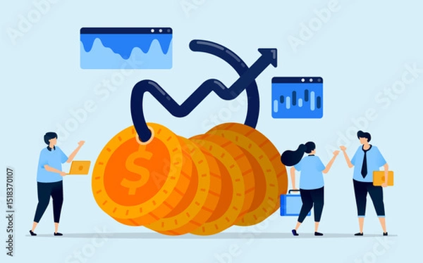 Fototapeta Illustration of coins tied with an upward arrow as a metaphor for saving gradually for investments or mutual funds, designed for finance blogs, fintech apps, and investment platforms