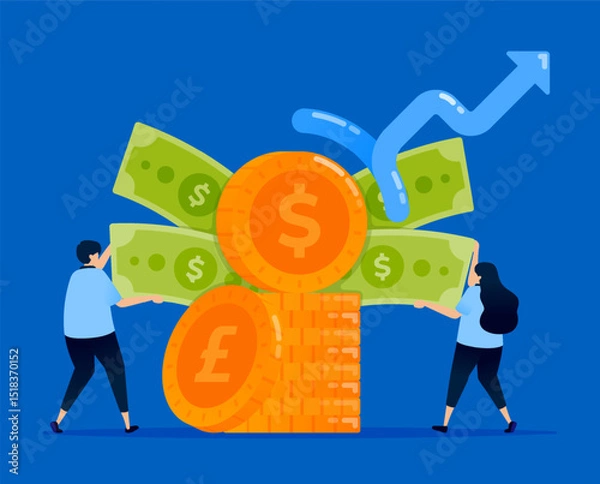 Fototapeta Illustration of people withdrawing money from piles of investment funds with rising rates, designed for investment platforms, financial blogs, and banking services