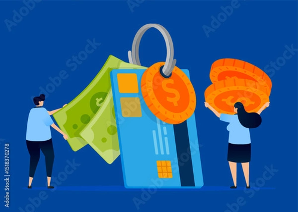 Fototapeta Illustration of people tying paper money, coins, and credit cards, symbolizing maintaining and guarding expenses in finance. Can be used for budgeting apps, finance advisors, and banking sites