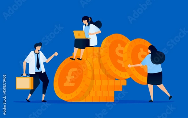 Fototapeta Illustration of people piling up money as a metaphor for saving in finance. Can be used for personal finance blogs, savings apps, and investment platforms