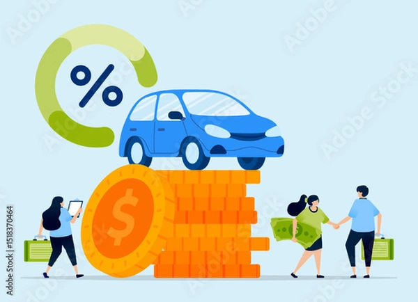 Fototapeta Illustration of cars on piles of money symbolizing down payments and low-interest loans for vehicle financing. Can be used for auto loan platforms, finance blogs, and banking websites.