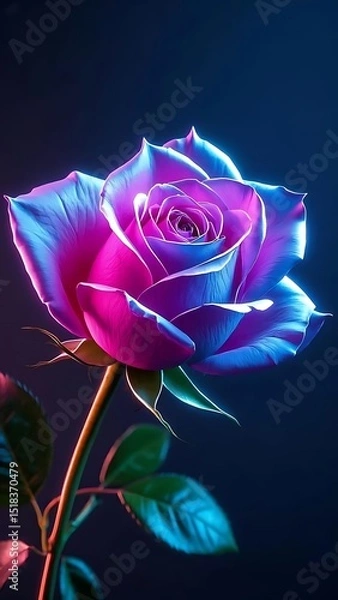Fototapeta Single Rose Glowing with Vibrant Neon Pink and Blue Light on a Dark Background, 4k