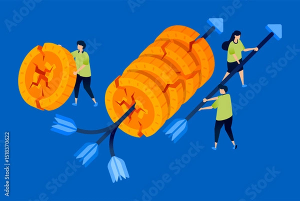 Fototapeta Illustration of arrows destroying coins as metaphors for financial recession or depression, useful for economic reports, finance blogs, market crash alerts, and investment risk guides.