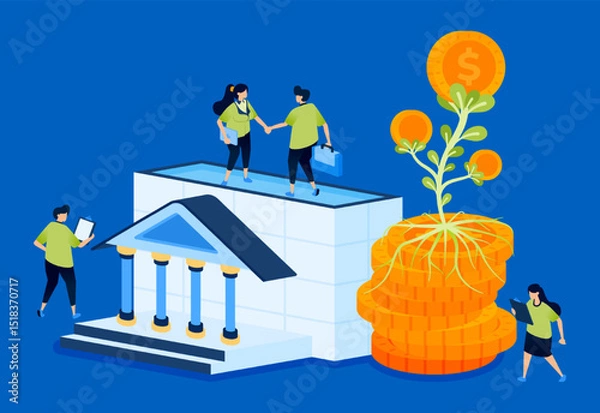 Fototapeta Illustration of a bank building with piles of money growing plants and flowers, symbolizing investment growth. Suitable for finance websites, banking apps, and eco-friendly campaigns.