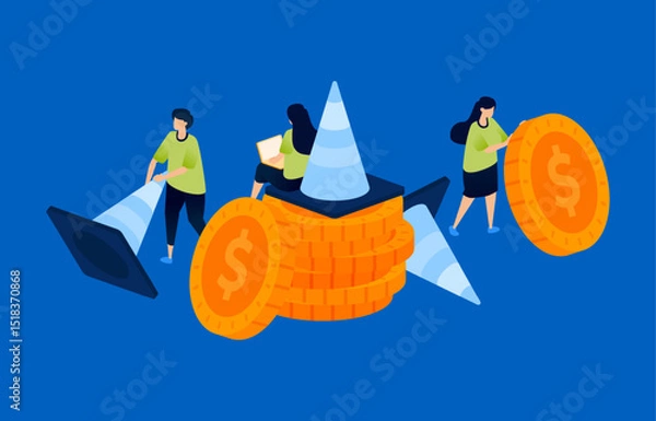 Fototapeta Illustration of piles of coins with warning cones, representing caution signs in the financial system. Perfect for risk management, finance blogs, banking alerts, and economic awareness content.