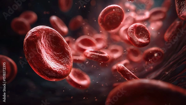 Fototapeta Dynamic animation of red blood cells flowing through vessel under microscope. This visualization of red blood cells perfect for medical, scientific, or health-related themes