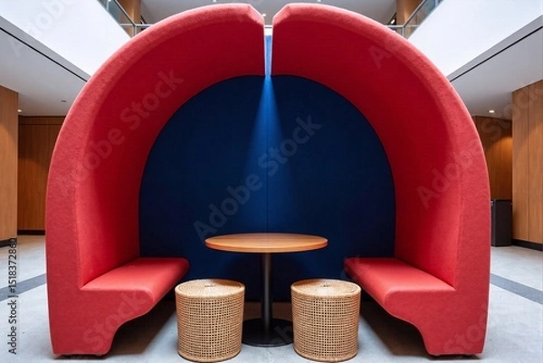 Fototapeta large, contemporary seating booth upholstered in vibrant red fabric creates a private and acoustically sheltered nook, offering a stylish and comfortable meeting point in a modern office or lobby