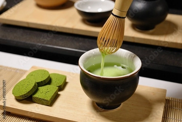 Fototapeta traditional Japanese tea ceremony setting featuring a freshly whisked matcha green tea in a ceramic bowl with a bamboo whisk, served alongside matcha cookies on a wooden tray, embodying tranquility