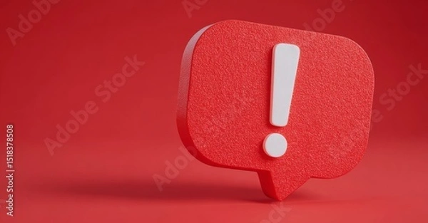 Obraz Red symbol of a notification reminder and chat message alert that signals attention and caution with an urgent warning exclamation mark isolated on a 3d background of danger in a flat design social