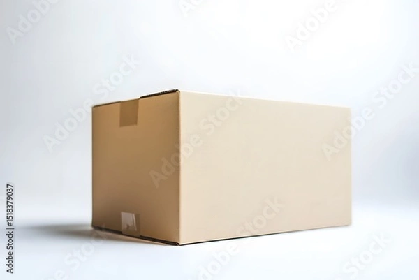 Fototapeta Cardboard box with tape on white background angled perspective