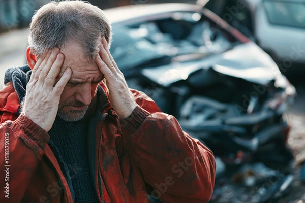 Fototapeta Man holding his head in despair after car collision, showcasing the aftermath of a serious accident