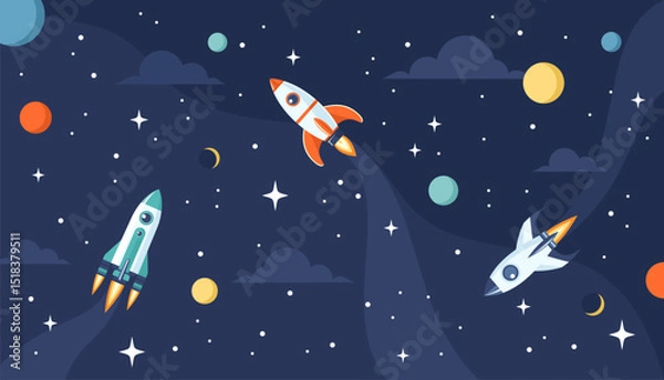 Fototapeta Space rockets flying in space among planets and stars. Flat vector illustration