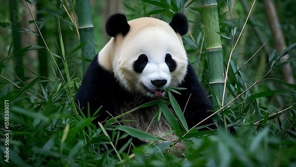 Fototapeta Giant Panda Eating Fresh Bamboo Shoots in a Lush Green Forest, 4k