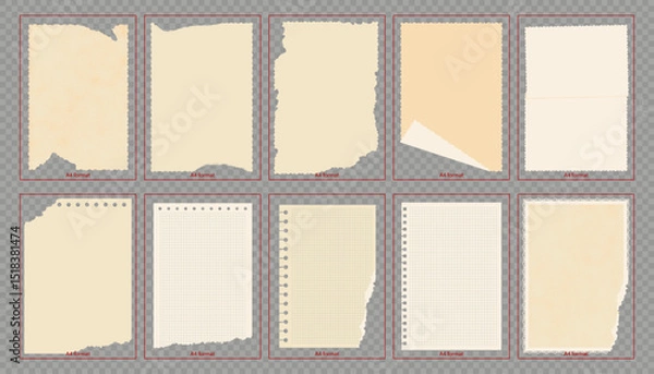 Fototapeta Vintage Textured Paper, A4 Format, note pages, torn paper. Vector Illustration