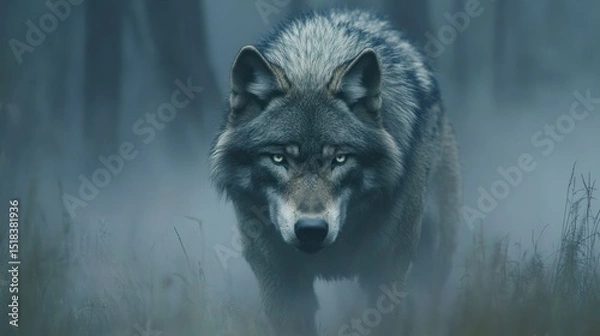 Fototapeta A hungry wolf lurks in the mist, a menacing gaze, background wallpaper AI generated image