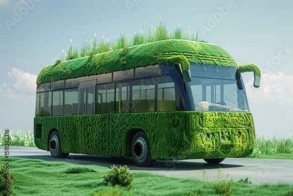 Obraz Clear Pixel Picture of Eco Transport Bus with Grass on the Roof