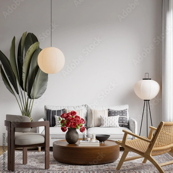 Obraz Scandinavian Living Room with Cozy Sofa & Armchair, Light Wood Furniture, Textured Rug, Indoor Plants, Table Decor with Neutral Palette, Copy Space for Design - 3d Rendering

