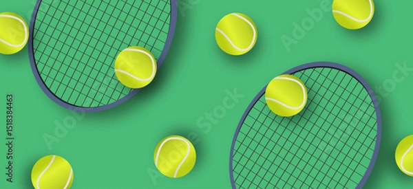 Fototapeta Tennis rackets and balls on green background. Real tennis game, class or match design for banner, advertisement, poster, website, brochure.