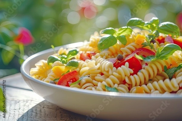 Obraz Vibrant Color Visual of Tasty Pasta Salad in a Bowl Outdoors with Fresh Ingredients
