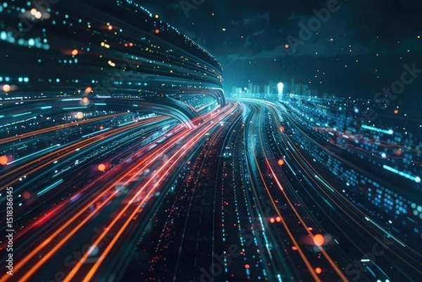 Fototapeta Futuristic Highway Symbolizing Speed and Connectivity with Data Flowing Like Streams of Light