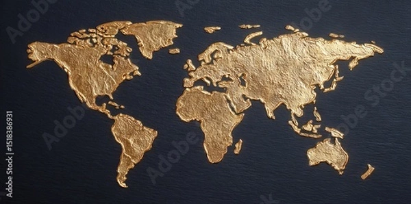 Obraz A 3D world map of gold earth is set against a black background, symbolizing global geography, international success, and luxury on a universal scale