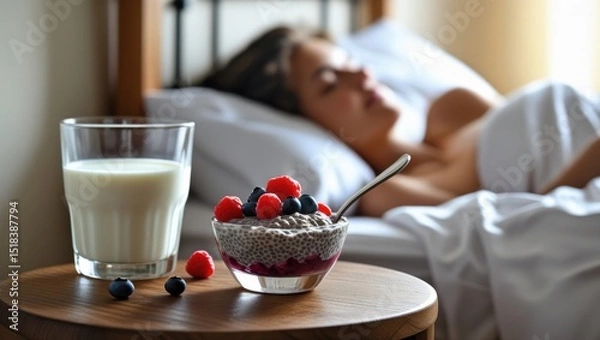 Fototapeta Close-up of chia pudding with berries beside a glass of milk on a wooden nightstand. In the warm, blurred background, a person relaxes in bed, evoking calm and bedtime comfort.
