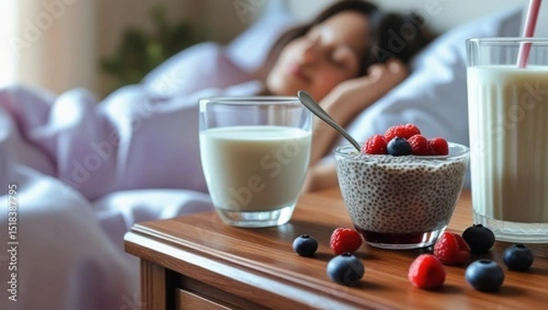 Fototapeta Close-up of chia pudding with berries beside a glass of milk on a wooden nightstand. In the warm, blurred background, a person relaxes in bed, evoking calm and bedtime comfort.