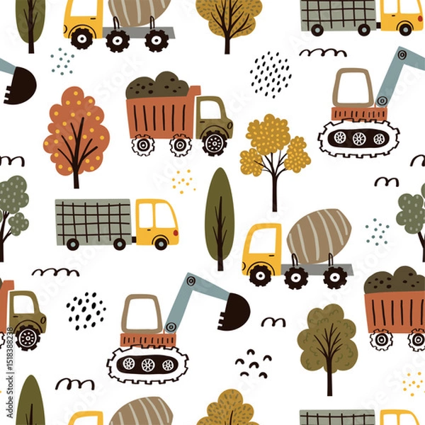 Obraz Seamless vector pattern with whimsical hand-drawn cars in soft neutral tones. Perfect for baby clothes, nursery decor, textiles, packaging, and kids’ projects. Includes EPS file.