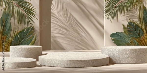 Obraz The studio stand features a summer podium display product on a minimal wall with a 3D stage, abstract light shadow, and a beige background, highlighting a modern and natural presentation of cosmetic