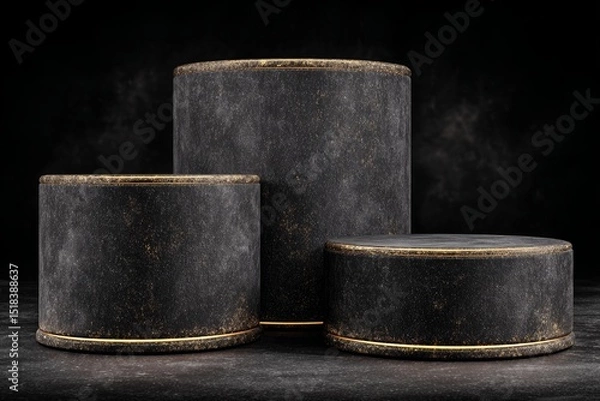 Obraz A premium advertising award or sale display features an elegant studio platform with a gold and black luxury 3d stage presentation product on a golden dark stone empty pedestal against a cosmetic