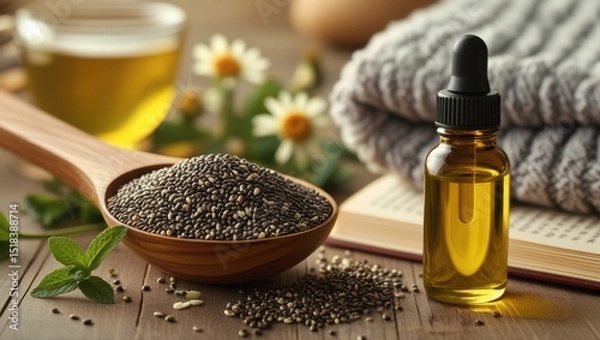 Fototapeta Close-up of a wooden spoon with chia seeds beside a bottle of omega-3 oil. Warm lighting and background elements like chamomile tea, blanket, and book evoke calm, relaxation, and stress relief.