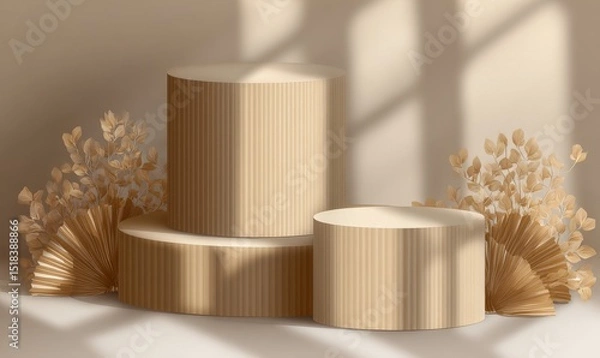 Obraz A wooden platform with an abstract shadow and minimal light serves as a 3D display background for a product podium, set against a natural summer backdrop in a studio, ideal for cosmetic advertising