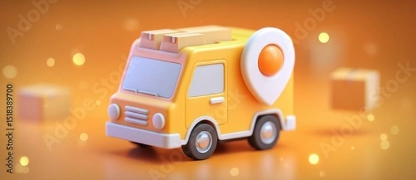 Obraz A cargo transport car service is depicted in isolation on a yellow 3D background, symbolizing the concept of transportation business and shipping, with a focus on freight packages and logistic