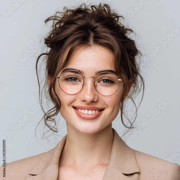 Obraz A professional portrait of a smiling young woman wearing glasses, suitable for a profile picture, online dating profile, or personal blog, presenting an authentic and natural look