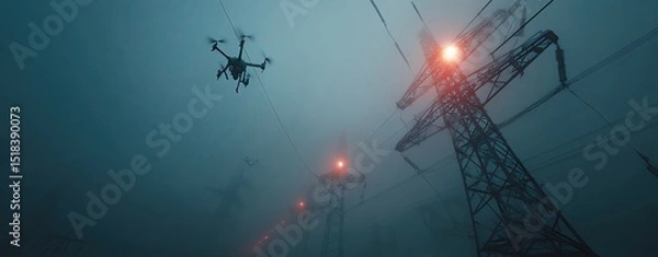 Obraz Drone flying in fog near power lines.