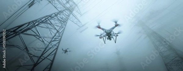 Obraz Drones flying near electric pylons in mist.