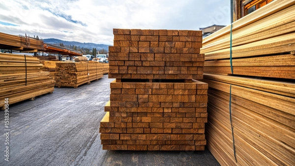 Fototapeta Stacks of lumber at outdoor timber yard on cloudy day with mountains in background