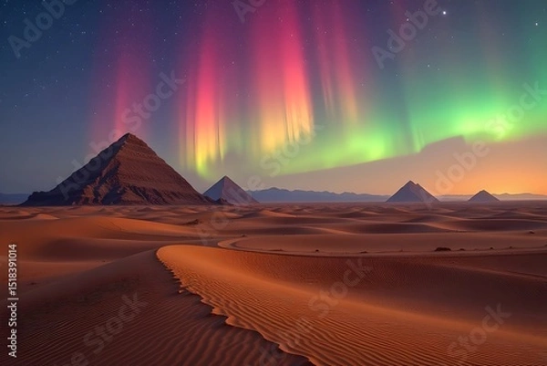 Fototapeta desert landscape with pyramid shaped dunes and aurora sky, bright and dreamy