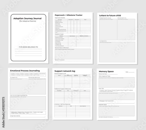 Obraz Adoption Journey Journal vector illustration EPS - 10. Parents' Logbook for Milestones, Emotions & Memories Set.