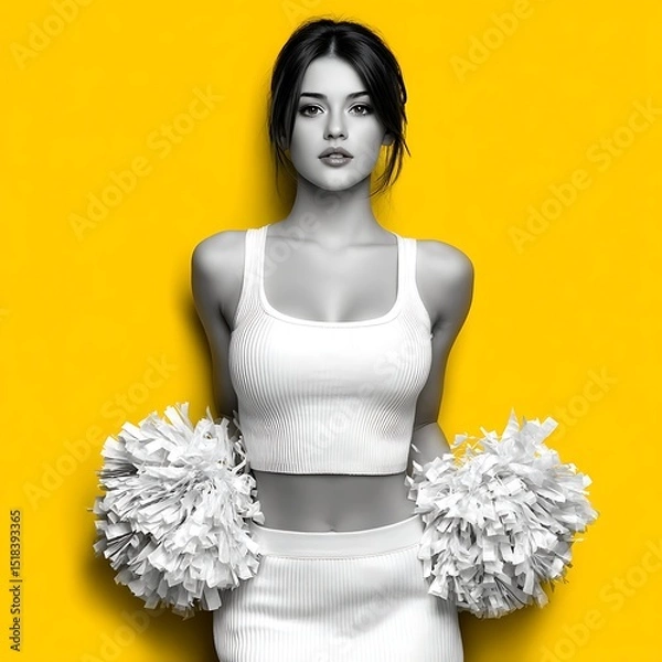 Obraz A Beautiful Cheerleader Posing with Pom Poms Against a Vibrant Yellow Background