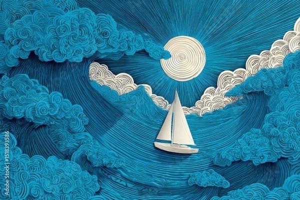 Fototapeta Paper cut illustration of a sailboat navigating through swirling blue waves under a bright sun, showcasing the beauty of nature and artistic craftsmanship in a vibrant scene