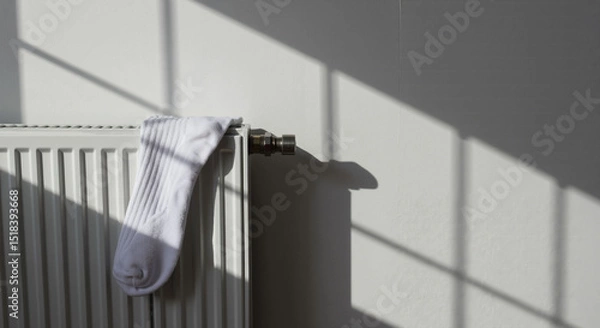 Fototapeta White sock hanging on heater, warm atmosphere, minimalist design, clean background