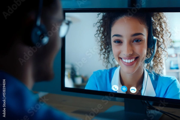 Fototapeta Smiling woman on computer screen wearing headset, seen from behind by another person, symbolizing online communication, customer service, or remote support