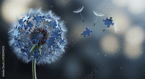 Fototapeta Dandelion with puzzle pieces, creative concept, artistic design, blue tones, dreamy atmosphere