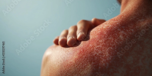 Obraz Close-up of sunburned skin texture, red and inflamed, showing the effects of excessive sun exposure, highlighting the importance of sun protection