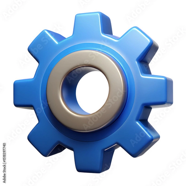Fototapeta 3D render of a blue gear with a silver inner ring on a transparent background